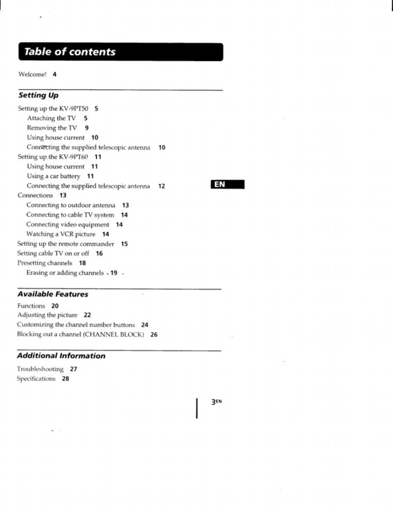 Sony KV9PT50 KV9PT60 TV Operating Manual