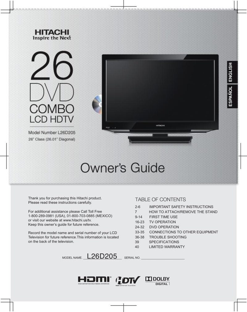 Hitachi L26 D 205 TV/DVD Combo Operating Manual