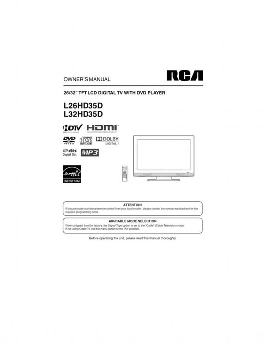 RCA 9V401 L26HD35D L32HD35D TV/DVD Combo Operating Manual