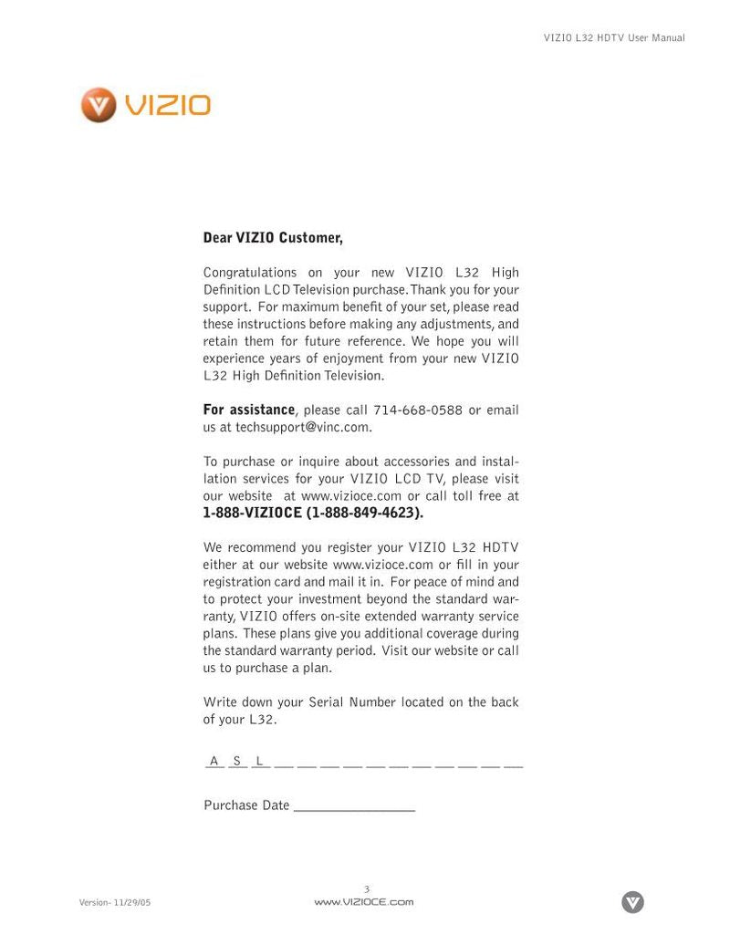 Vizio L32 TV Operating Manual