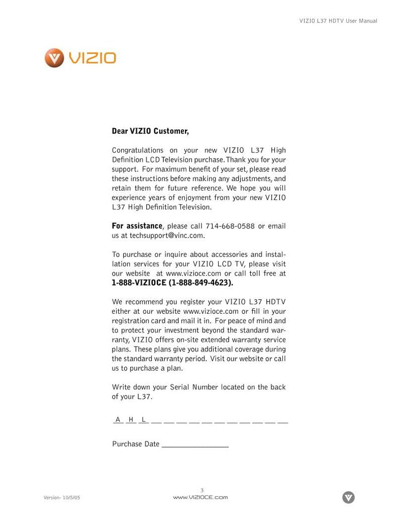 Vizio L37HDTV TV Operating Manual