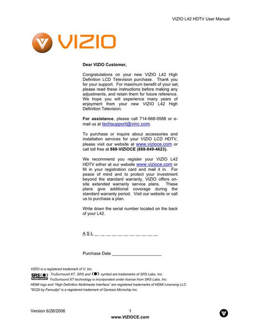 Vizio L42 TV Operating Manual