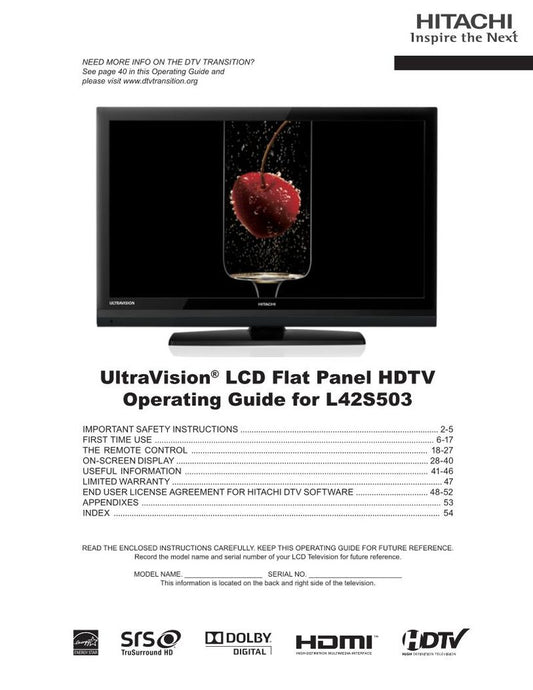 Hitachi L42 S 503 TV Operating Manual