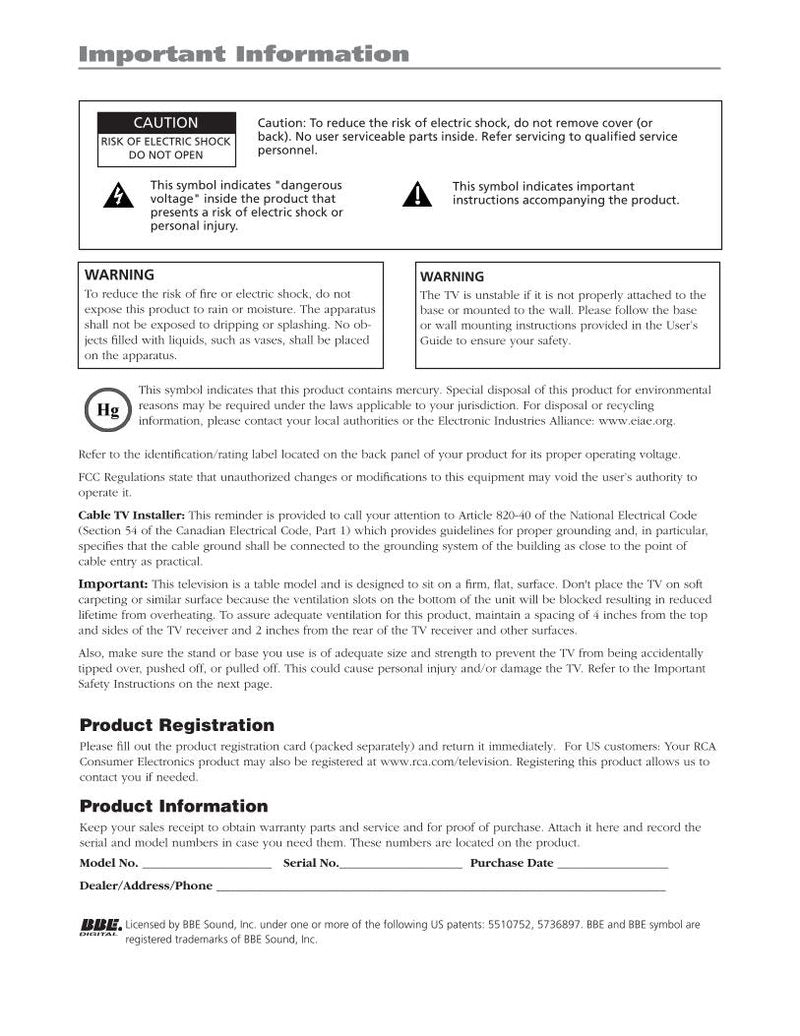 RCA L26WD23 L32WD22 L32WD22A TV Operating Manual