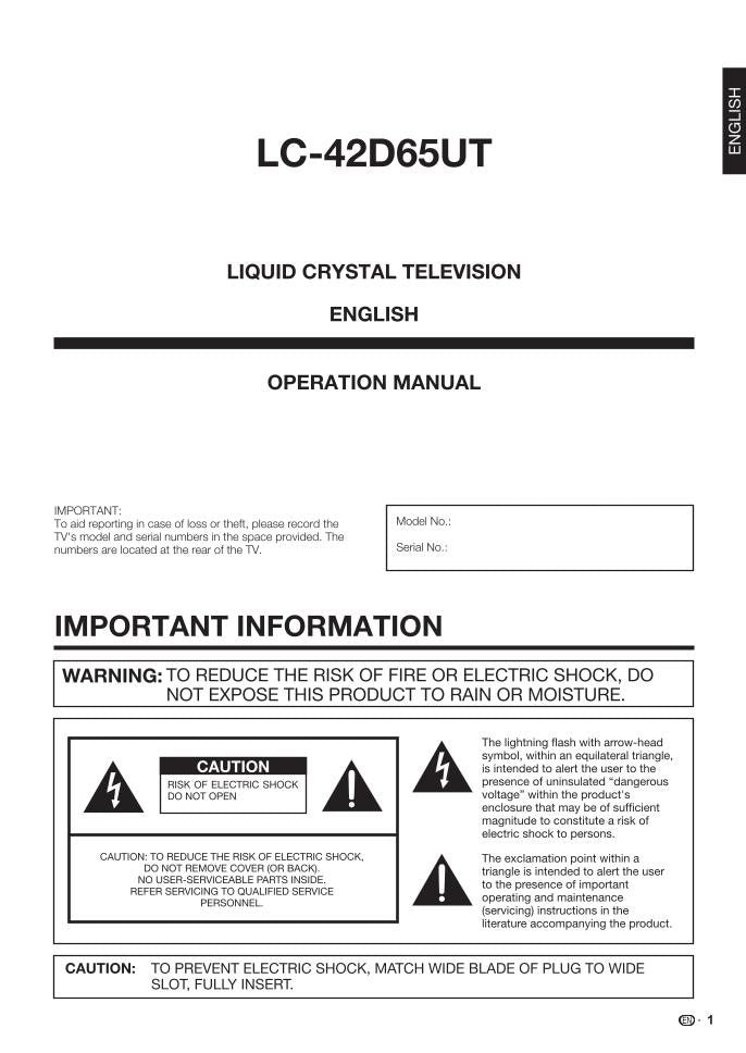 Sharp LC-42D65UT TV Operating Manual