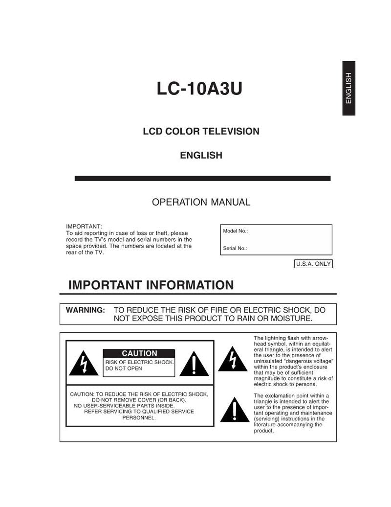 Sharp LC10A3U TV Operating Manual