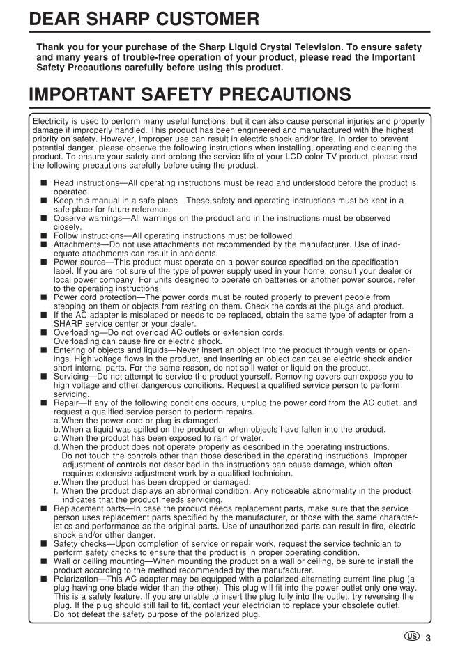 Sharp LC15B4U TV Operating Manual