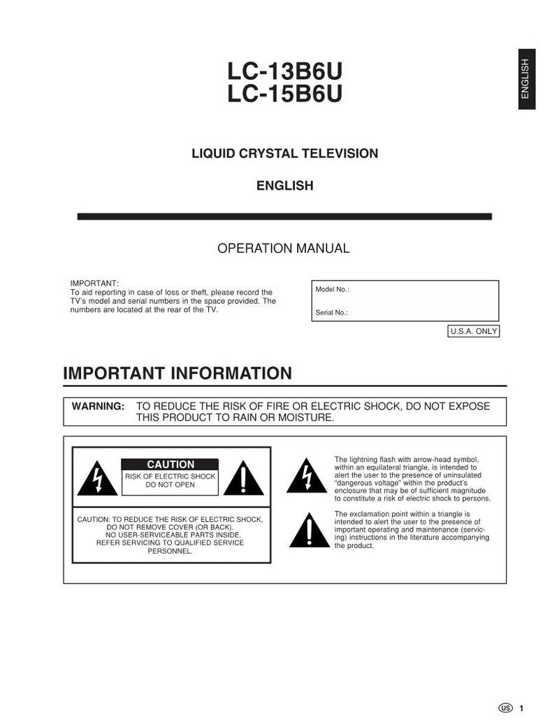 Sharp LC13B6U LC15B6U TV Operating Manual