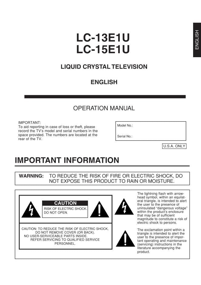 Sharp LC13E1U LC13E1UB LC13E1UW TV Operating Manual