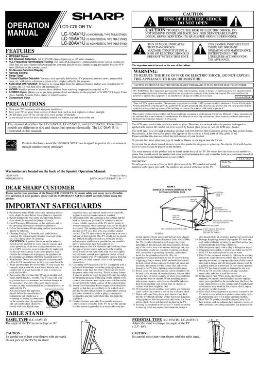 Sharp LC13AV1U LC15AV1U LC20AV1U TV Operating Manual