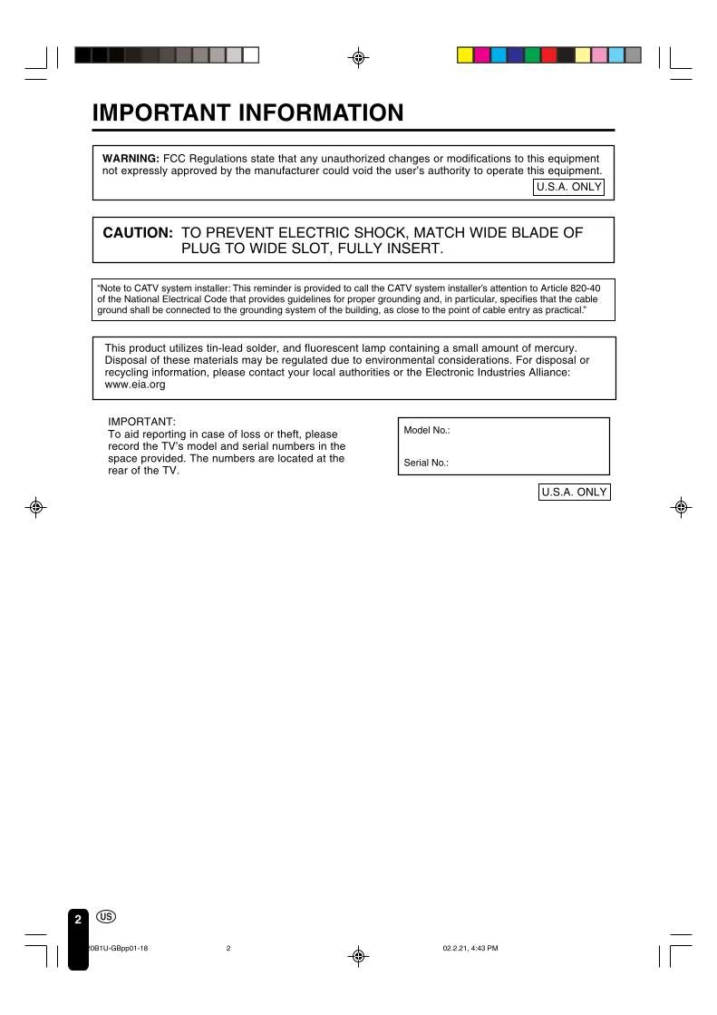 Sharp LC20B1U TV Operating Manual