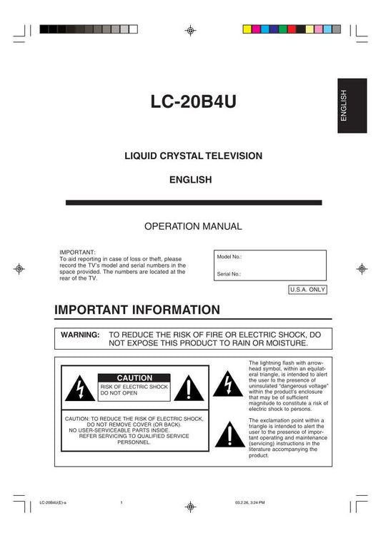 Sharp LC20B4U LC20B4UB LC20B4US TV Operating Manual