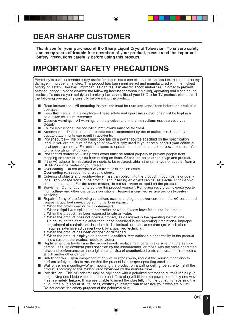 Sharp LC20B4U LC20B4UB LC20B4US TV Operating Manual