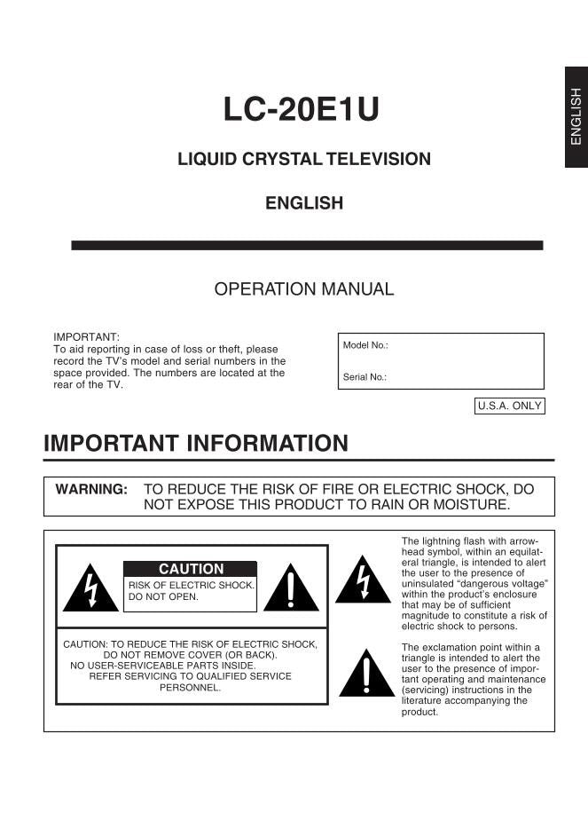 Sharp LC20E1U TV Operating Manual