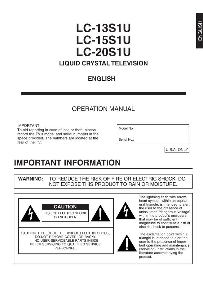 Sharp LC13S1U LC13S1UB LC15S1U Consumer Electronics Operating Manual