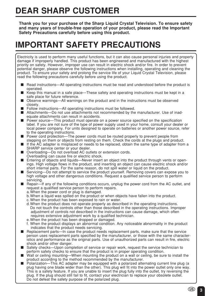 Sharp LC13S2U LC15S2U LC20S2U TV Operating Manual