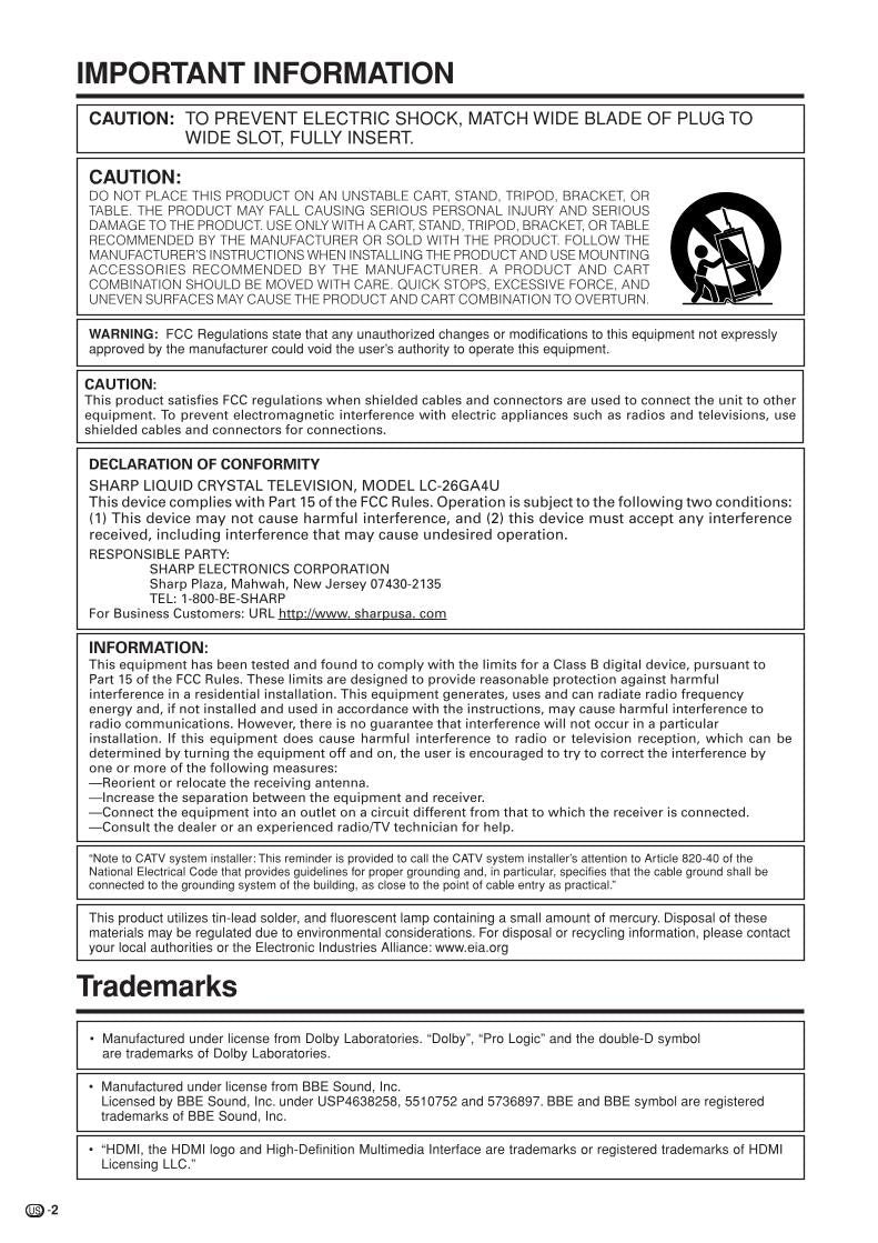 Sharp LC26GA4U TV Operating Manual