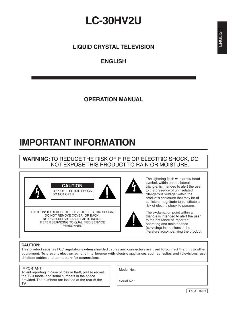 Sharp LV30HV2U TV Operating Manual