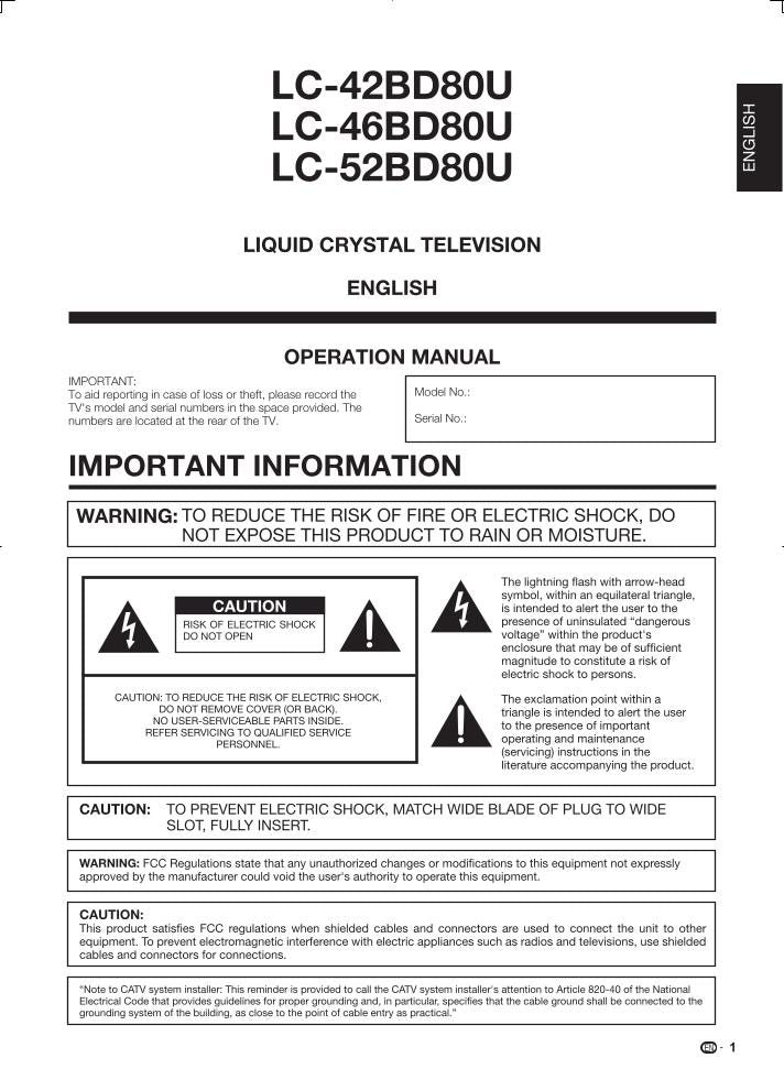 Sharp LC42BD80UOM TV Operating Manual