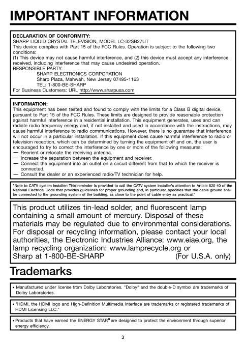 Sharp LC32SB27U TV Operating Manual