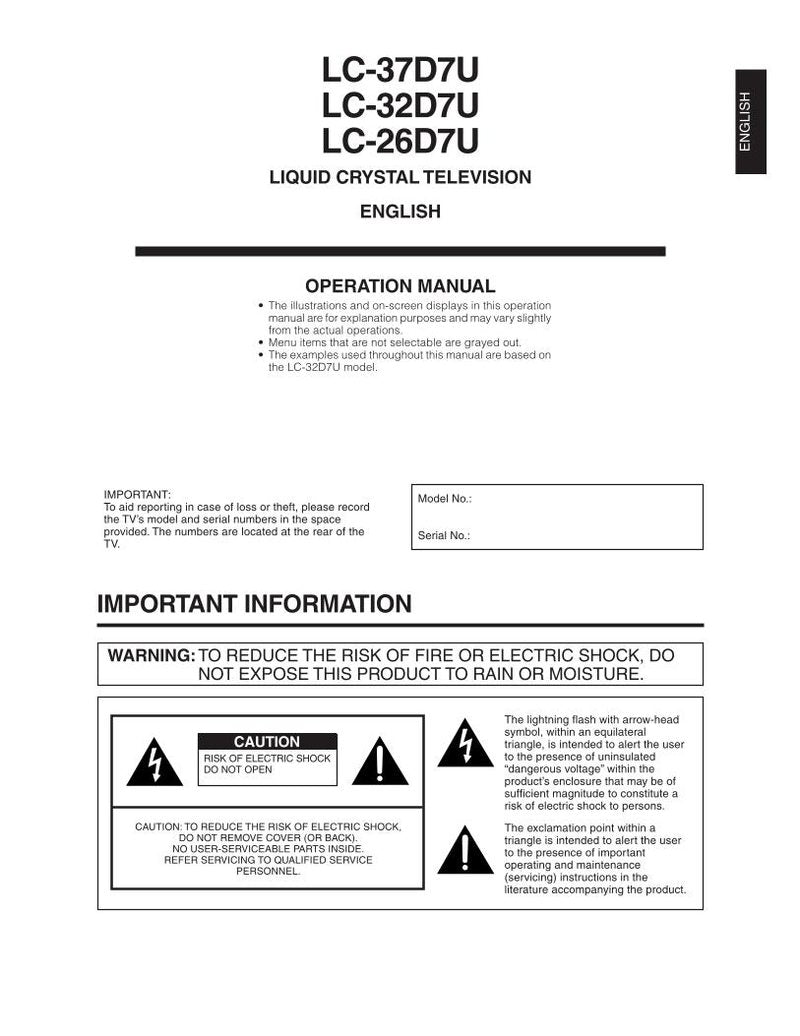 Sharp LC26D7U LC32D7U LC37D7U TV Operating Manual