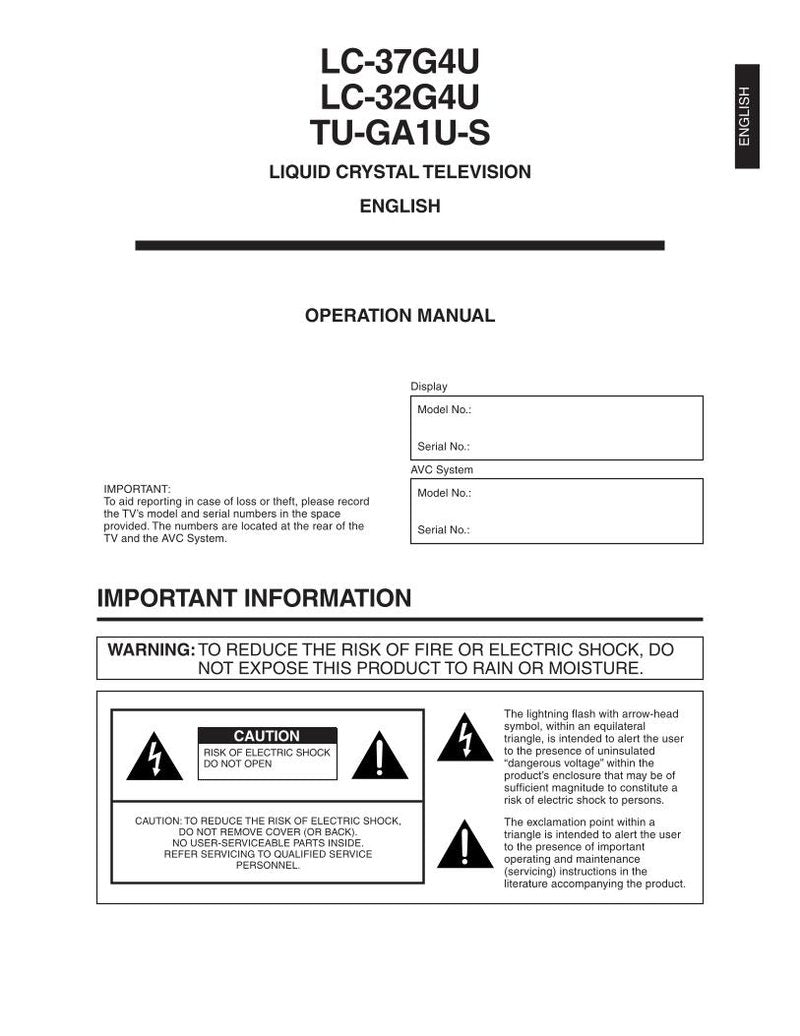 Sharp LC32G4U LC37G4U TV Operating Manual