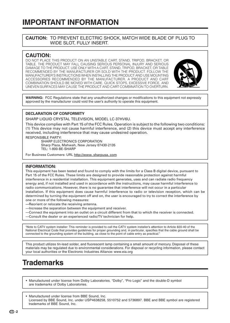 Sharp LC37HV6U TV Operating Manual