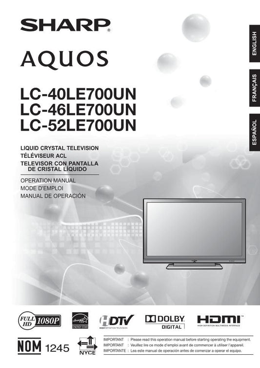 Sharp LC-40LE700UN LC-46LE700UN LC-52LE700UN TV Operating Manual