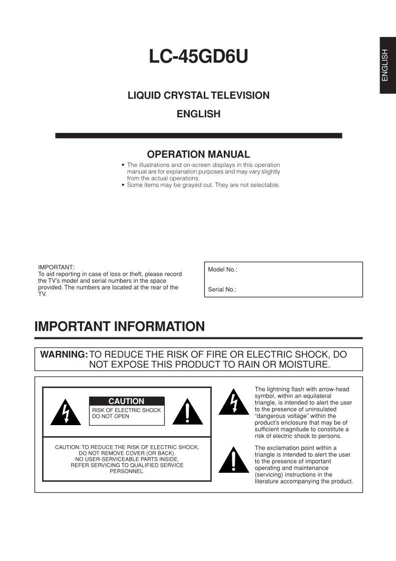 Sharp LC45GD6U TV Operating Manual