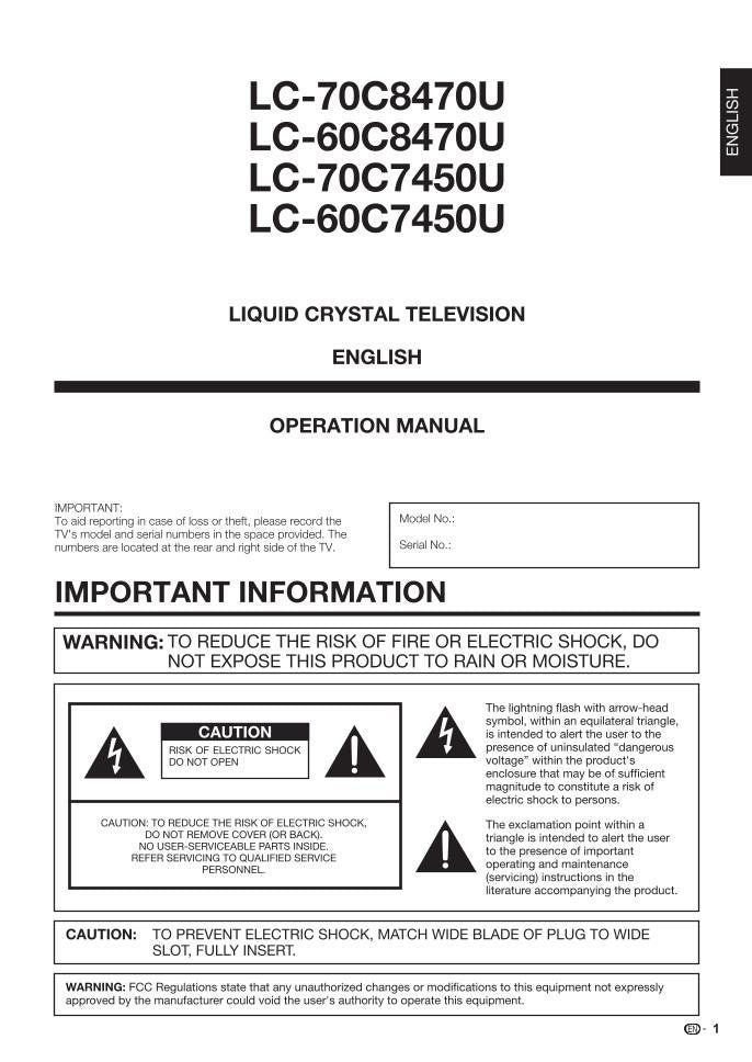 Sharp LC60C7450U LC70C7450U LC70C8470U TV Operating Manual