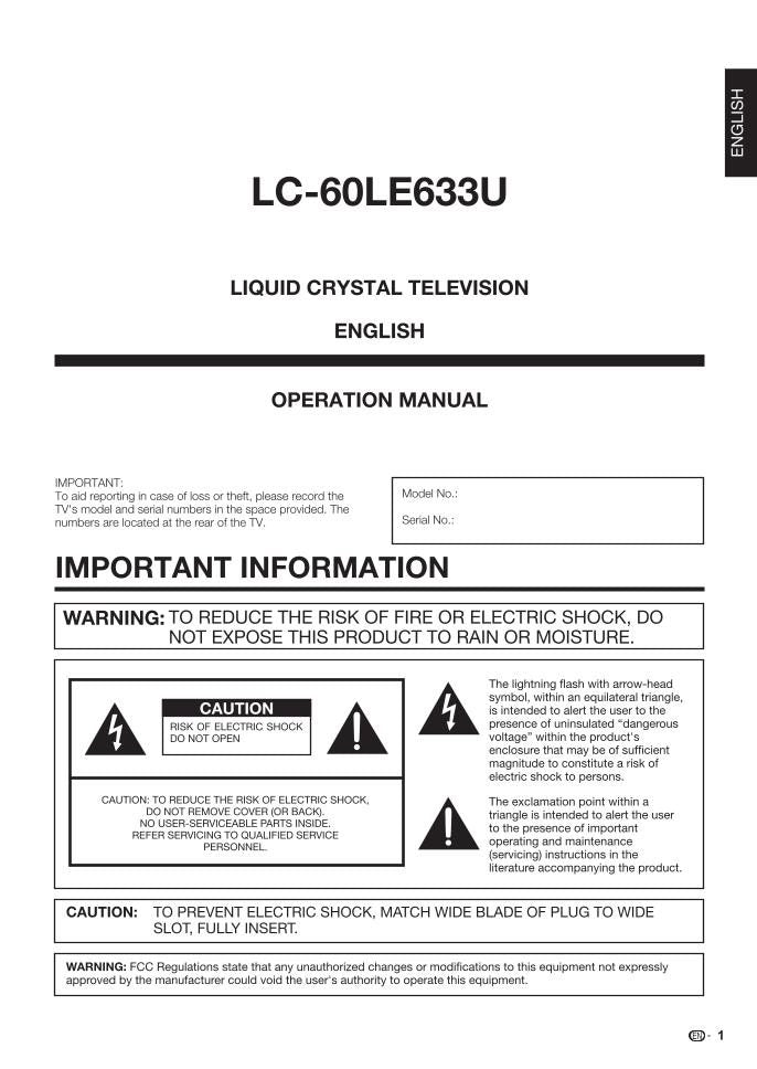 Sharp LC60LE633U TV Operating Manual