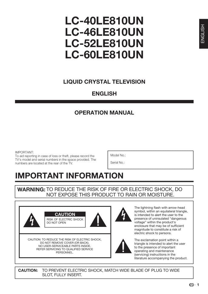 Sharp LC40LE810UN LC46LE810UN LC52LE810UN TV Operating Manual