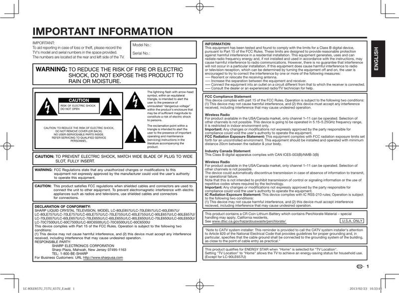 Sharp LC60C6500U LC60C7500U LC60LE650U TV Operating Manual