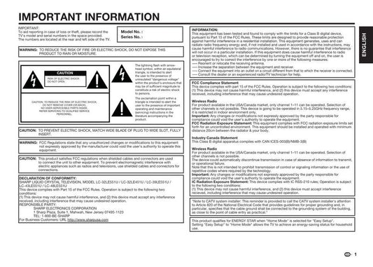 Sharp LC32LE451U LC32LE551U LC39LE551 TV Operating Manual