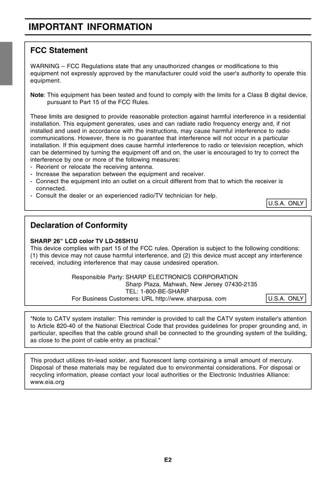 Sharp LD26SH1U TV Operating Manual