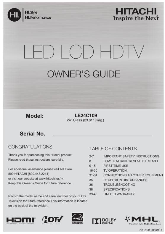 Hitachi LE24 C 109 TV Operating Manual