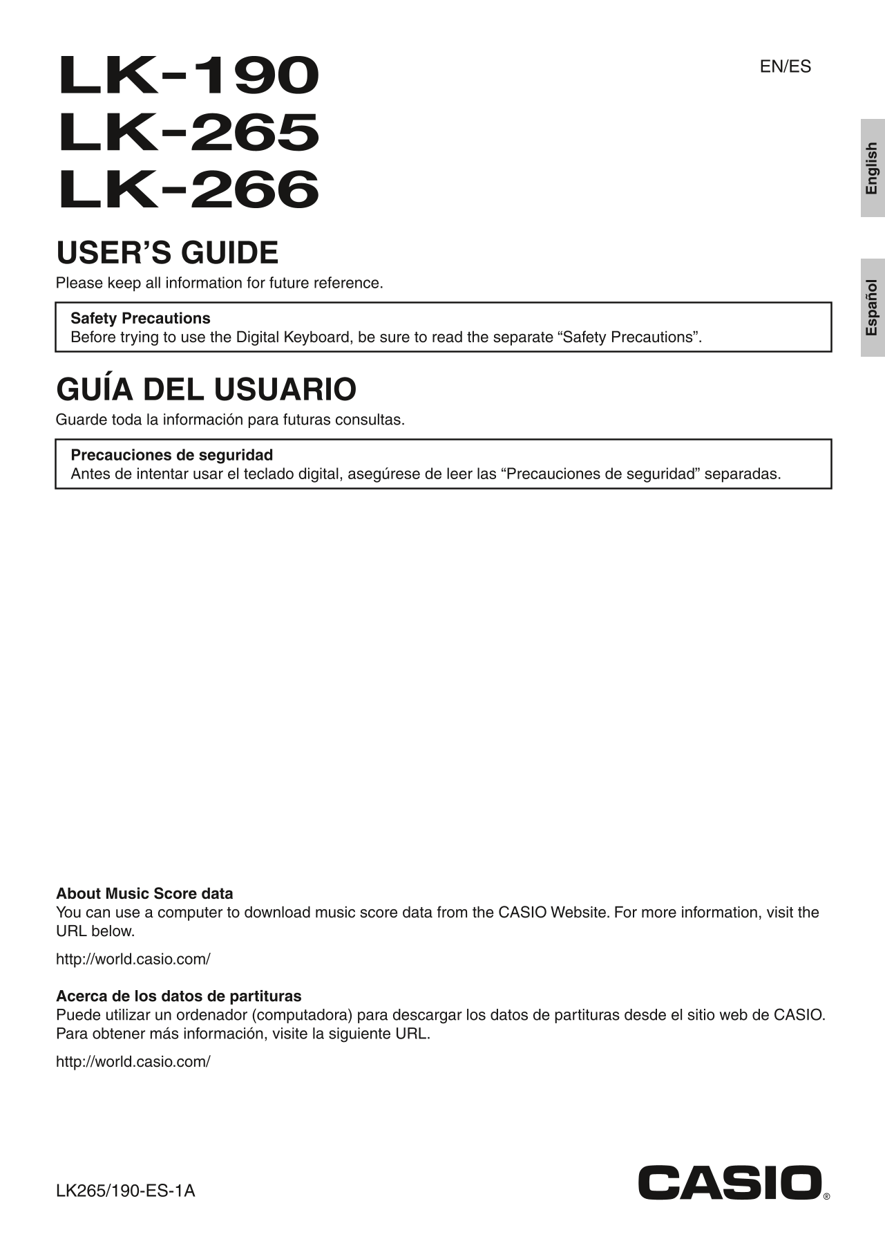 Casio LK-190, LK-265 & LK-266 Keyboard Piano Owner's/ User Manual (Pages: 38)