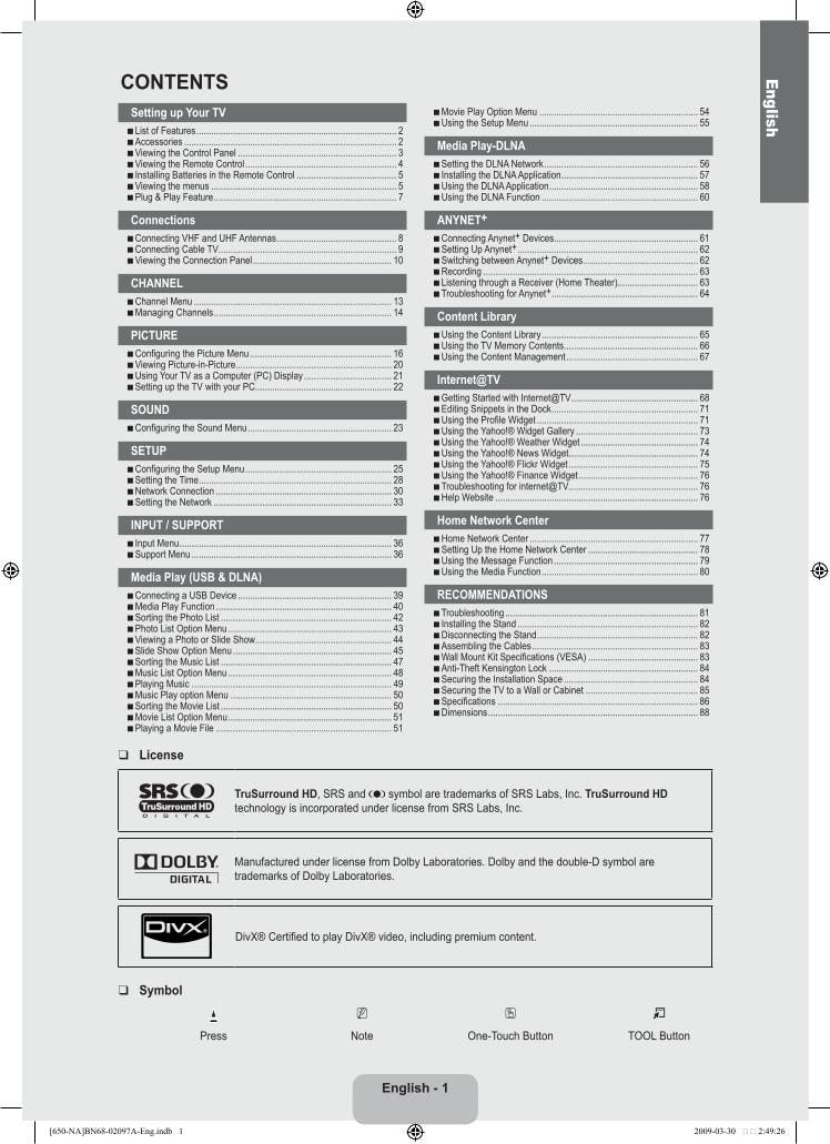 Samsung LN55B650A1FXZA LN55B650C1F PT50DL14X/SMS TV Operating Manual