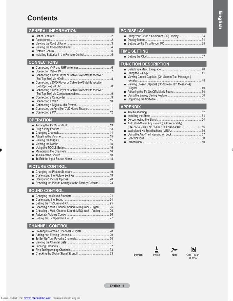 Samsung LN19A330 LN19A331 LN26A330J1D TV Operating Manual