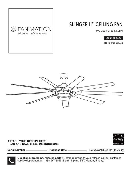 Fanimation Fans Slinger II Ceiling Fan LP8147SLBN Ceiling Fan Operating Manual