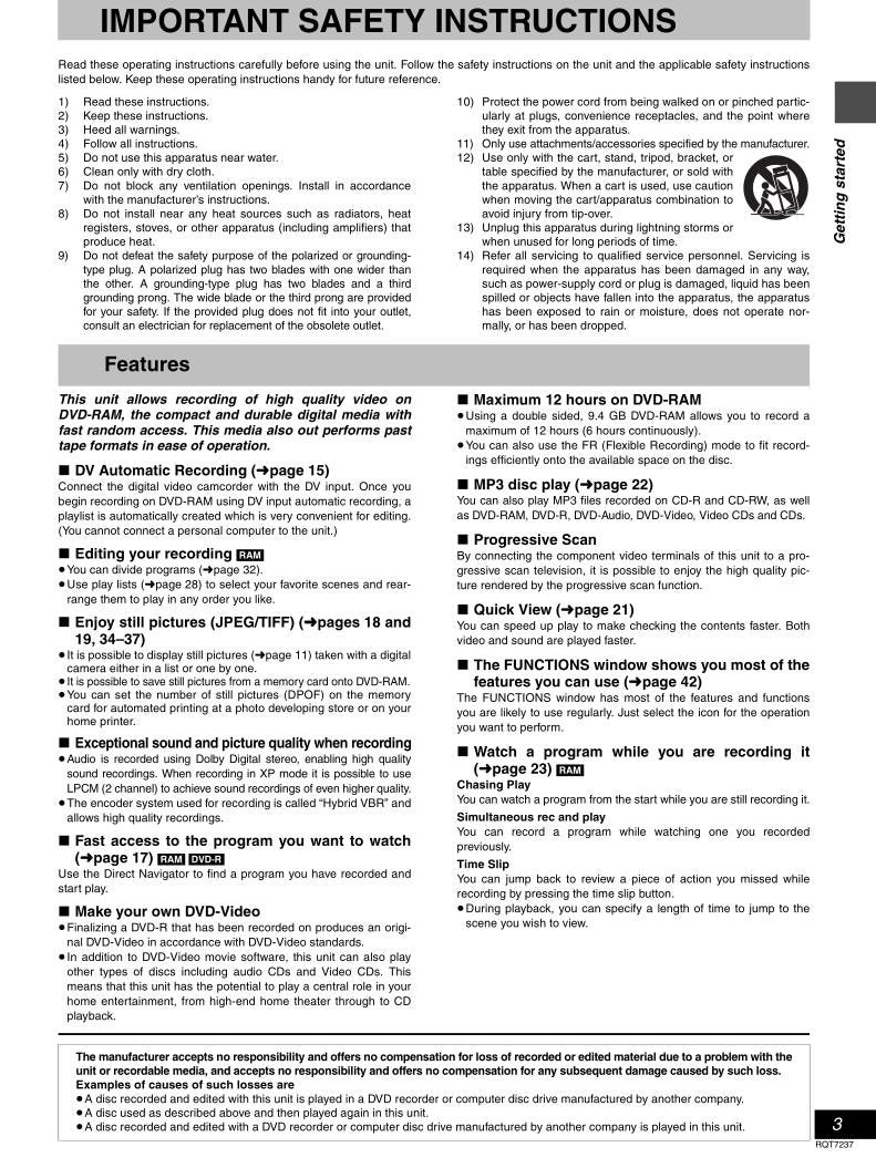 Panasonic LQDRM200 TV/DVD Combo Operating Manual