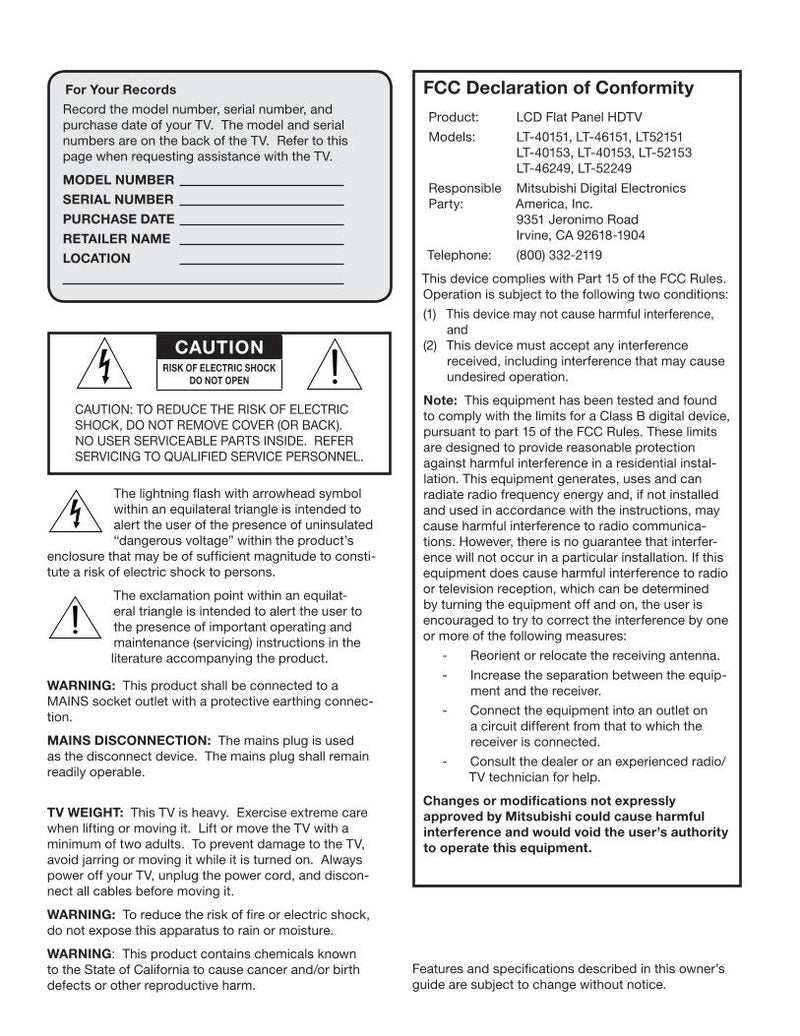 Mitsubishi LT40153 LT46151 LT46153 TV Operating Manual