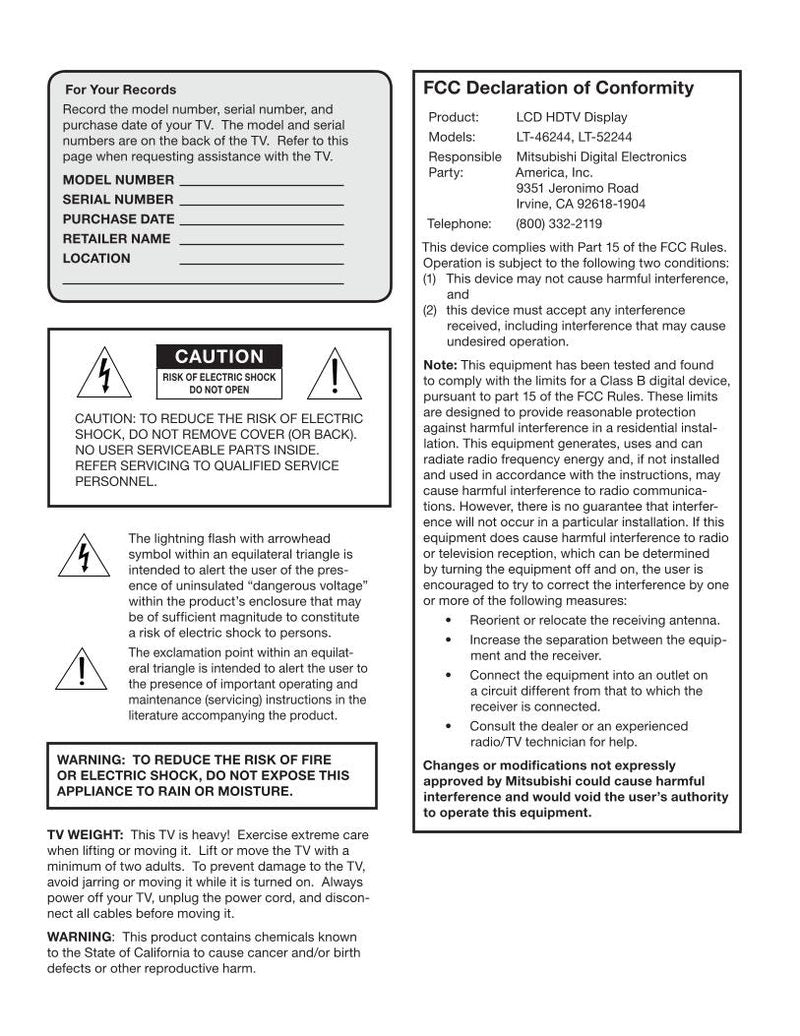 Mitsubishi LT46244 LT52244 TV Operating Manual