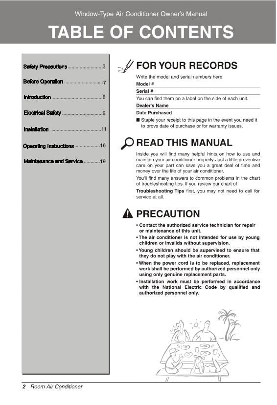 LG LW6016 RY6 Air Conditioner Unit Operating Manual