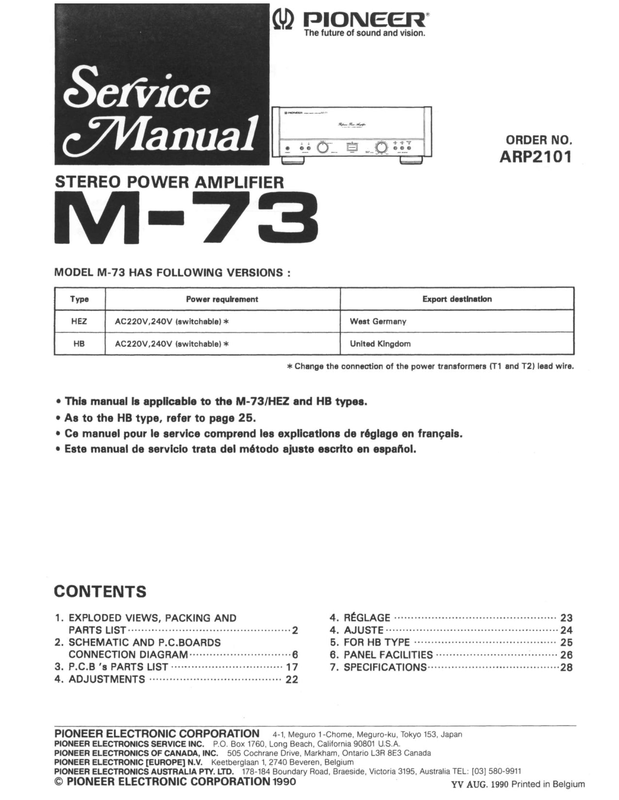 Pioneer M-73 Stereo Power Amplifier Service Manual (Pages: 28)