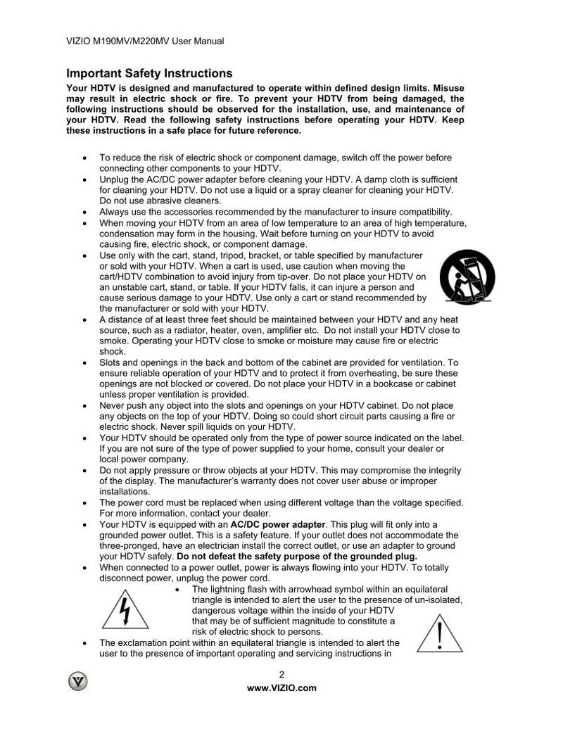 Vizio M190MV M220MV TV Operating Manual
