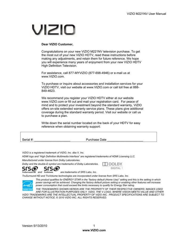 Vizio M221NV TV Operating Manual