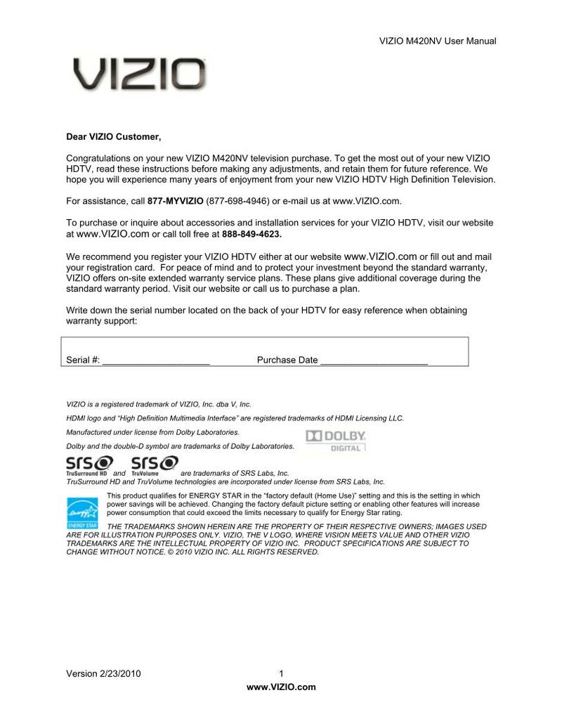 Vizio M420NV TV Operating Manual