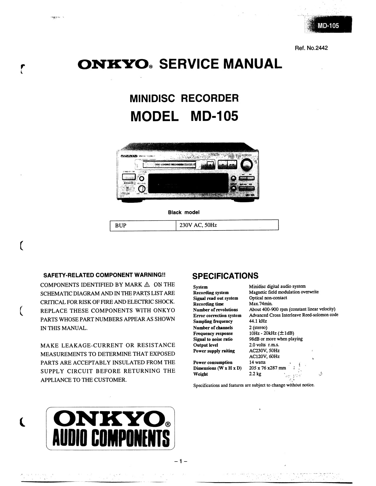 Onkyo MD-105 Mini Disc Recorder Service Manual (Pages: 46)