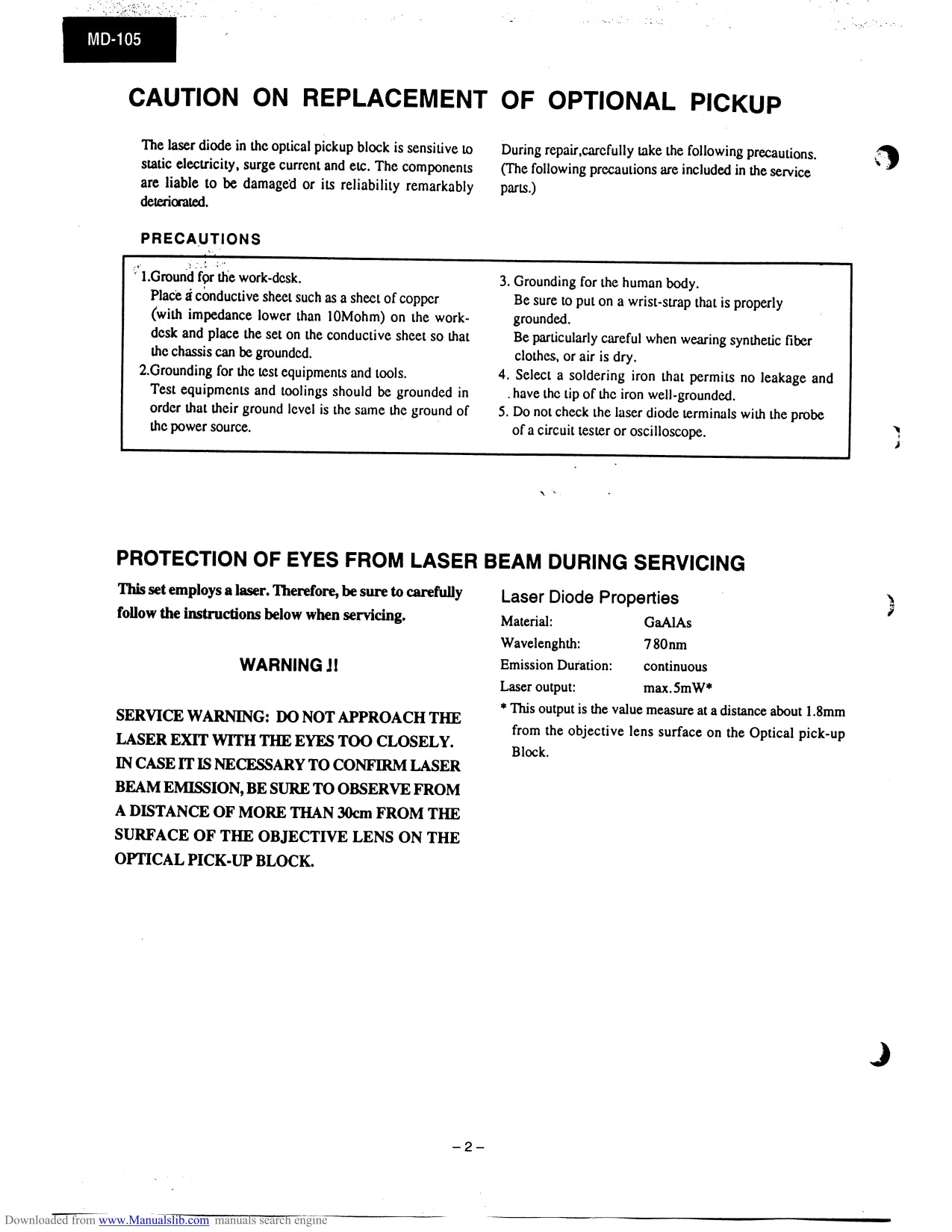 Onkyo MD-105 Mini Disc Recorder Service Manual (Pages: 46)